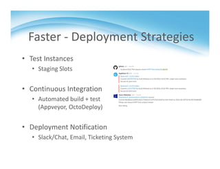 Faster ‐ Deployment Strategies
• Test Instances
• Staging Slots
• Continuous Integration
• Automated build + test 
(Appveyor, OctoDeploy)
• Deployment Notification
• Slack/Chat, Email, Ticketing System
 