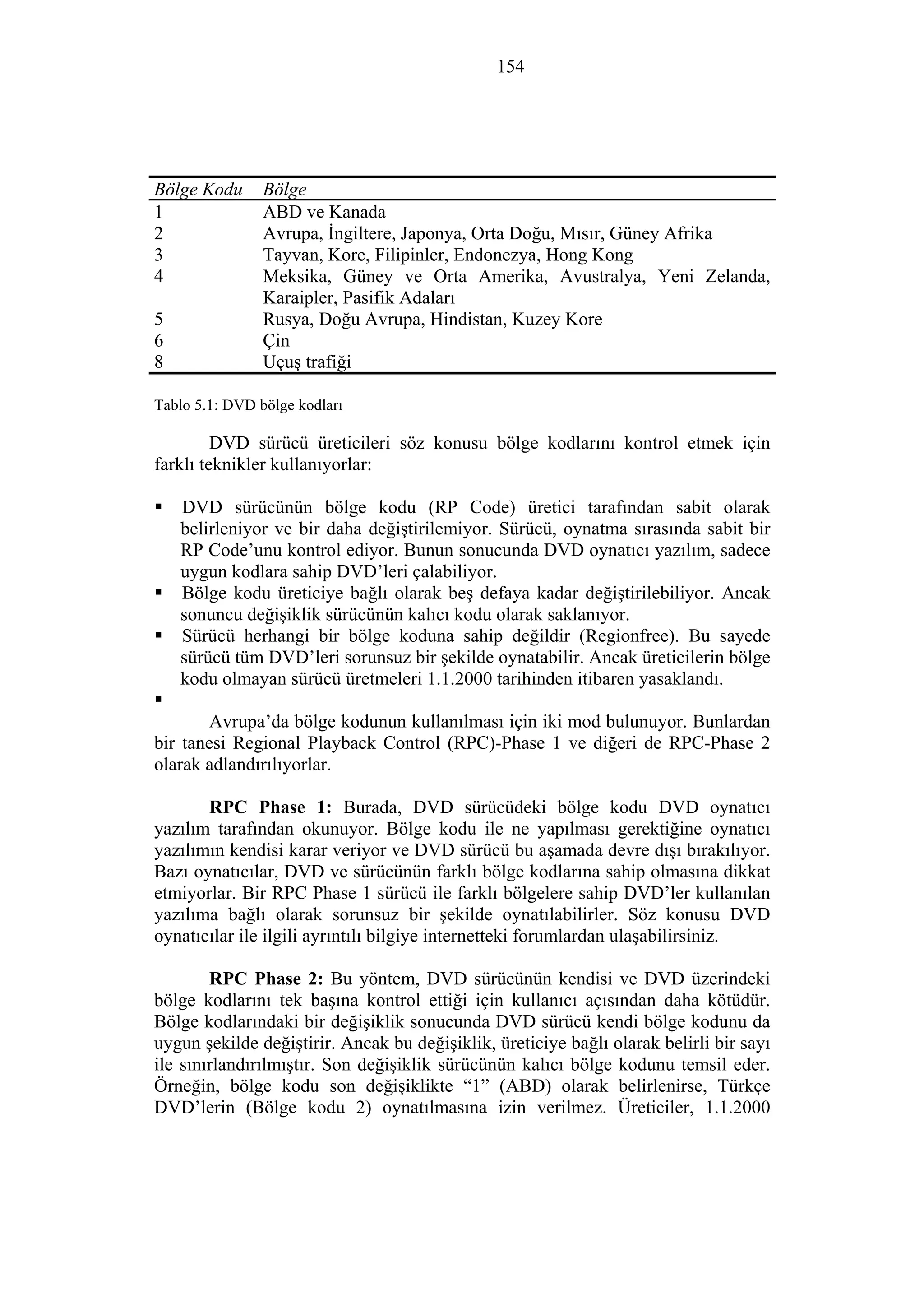 154
Bölge Kodu Bölge
1 ABD ve Kanada
2 Avrupa, İngiltere, Japonya, Orta Doğu, Mısır, Güney Afrika
3 Tayvan, Kore, Filipinler, Endonezya, Hong Kong
4 Meksika, Güney ve Orta Amerika, Avustralya, Yeni Zelanda,
Karaipler, Pasifik Adaları
5 Rusya, Doğu Avrupa, Hindistan, Kuzey Kore
6 Çin
8 Uçuş trafiği
Tablo 5.1: DVD bölge kodları
DVD sürücü üreticileri söz konusu bölge kodlarını kontrol etmek için
farklı teknikler kullanıyorlar:
DVD sürücünün bölge kodu (RP Code) üretici tarafından sabit olarak
belirleniyor ve bir daha değiştirilemiyor. Sürücü, oynatma sırasında sabit bir
RP Code’unu kontrol ediyor. Bunun sonucunda DVD oynatıcı yazılım, sadece
uygun kodlara sahip DVD’leri çalabiliyor.
Bölge kodu üreticiye bağlı olarak beş defaya kadar değiştirilebiliyor. Ancak
sonuncu değişiklik sürücünün kalıcı kodu olarak saklanıyor.
Sürücü herhangi bir bölge koduna sahip değildir (Regionfree). Bu sayede
sürücü tüm DVD’leri sorunsuz bir şekilde oynatabilir. Ancak üreticilerin bölge
kodu olmayan sürücü üretmeleri 1.1.2000 tarihinden itibaren yasaklandı.
Avrupa’da bölge kodunun kullanılması için iki mod bulunuyor. Bunlardan
bir tanesi Regional Playback Control (RPC)-Phase 1 ve diğeri de RPC-Phase 2
olarak adlandırılıyorlar.
RPC Phase 1: Burada, DVD sürücüdeki bölge kodu DVD oynatıcı
yazılım tarafından okunuyor. Bölge kodu ile ne yapılması gerektiğine oynatıcı
yazılımın kendisi karar veriyor ve DVD sürücü bu aşamada devre dışı bırakılıyor.
Bazı oynatıcılar, DVD ve sürücünün farklı bölge kodlarına sahip olmasına dikkat
etmiyorlar. Bir RPC Phase 1 sürücü ile farklı bölgelere sahip DVD’ler kullanılan
yazılıma bağlı olarak sorunsuz bir şekilde oynatılabilirler. Söz konusu DVD
oynatıcılar ile ilgili ayrıntılı bilgiye internetteki forumlardan ulaşabilirsiniz.
RPC Phase 2: Bu yöntem, DVD sürücünün kendisi ve DVD üzerindeki
bölge kodlarını tek başına kontrol ettiği için kullanıcı açısından daha kötüdür.
Bölge kodlarındaki bir değişiklik sonucunda DVD sürücü kendi bölge kodunu da
uygun şekilde değiştirir. Ancak bu değişiklik, üreticiye bağlı olarak belirli bir sayı
ile sınırlandırılmıştır. Son değişiklik sürücünün kalıcı bölge kodunu temsil eder.
Örneğin, bölge kodu son değişiklikte “1” (ABD) olarak belirlenirse, Türkçe
DVD’lerin (Bölge kodu 2) oynatılmasına izin verilmez. Üreticiler, 1.1.2000
 