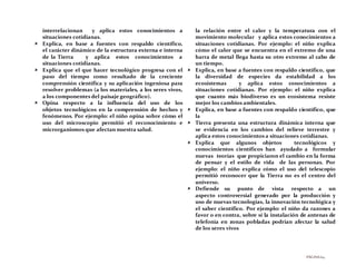 PÁGINA 64
interrelacionan y aplica estos conocimientos a
situaciones cotidianas.
 Explica, en base a fuentes con respaldo científico,
el carácter dinámico de la estructura externa e interna
de la Tierra y aplica estos conocimientos a
situaciones cotidianas.
 Explica que el que hacer tecnológico progresa con el
paso del tiempo como resultado de la creciente
comprensión científica y su aplicación ingeniosa para
resolver problemas (a los materiales, a los seres vivos,
a los componentes del paisaje geográfico).
 Opina respecto a la influencia del uso de los
objetos tecnológicos en la comprensión de hechos y
fenómenos. Por ejemplo: el niño opina sobre cómo el
uso del microscopio permitió el reconocimiento e
microrganismos que afectan nuestra salud.
la relación entre el calor y la temperatura con el
movimiento molecular y aplica estos conocimientos a
situaciones cotidianas. Por ejemplo: el niño explica
cómo el calor que se encuentra en el extremo de una
barra de metal llega hasta su otro extremo al cabo de
un tiempo.
 Explica, en base a fuentes con respaldo científico, que
la diversidad de especies da estabilidad a los
ecosistemas y aplica estos conocimientos a
situaciones cotidianas. Por ejemplo: el niño explica
que cuanto más biodiverso es un ecosistema resiste
mejor los cambios ambientales.
 Explica, en base a fuentes con respaldo científico, que
la
 Tierra presenta una estructura dinámica interna que
se evidencia en los cambios del relieve terrestre y
aplica estos conocimientos a situaciones cotidianas.
 Explica que algunos objetos tecnológicos y
conocimientos científicos han ayudado a formular
nuevas teorías que propiciaron el cambio en la forma
de pensar y el estilo de vida de las personas. Por
ejemplo: el niño explica cómo el uso del telescopio
permitió reconocer que la Tierra no es el centro del
universo.
 Defiende su punto de vista respecto a un
aspecto controversial generado por la producción y
uso de nuevas tecnologías, la innovación tecnológica y
el saber científico. Por ejemplo: el niño da razones a
favor o en contra, sobre sí la instalación de antenas de
telefonía en zonas pobladas podrían afectar la salud
de los seres vivos
 