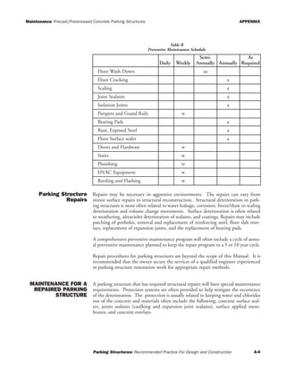 Maintenance Precast/Prestressed Concrete Parking Structures APPENDIX
Parking Structures: Recommended Practice For Design and Construction A-4
Parking Structure
Repairs
Repairs may be necessary in aggressive environments. The repairs can vary from
minor surface repairs to structural reconstruction. Structural deterioration in park-
ing structures is most often related to water leakage, corrosion, freeze/thaw or scaling
deterioration and volume change movements. Surface deterioration is often related
to weathering, ultraviolet deterioration of sealants, and coatings. Repairs may include
patching of potholes, removal and replacement of reinforcing steel, floor slab over-
lays, replacement of expansion joints, and the replacement of bearing pads.
A comprehensive preventive maintenance program will often include a cycle of annu-
al preventive maintenance planned to keep the repair program to a 5 or 10 year cycle.
Repair procedures for parking structures are beyond the scope of this Manual. It is
recommended that the owner secure the services of a qualified engineer experienced
in parking structure restoration work for appropriate repair methods.
MAINTENANCE FOR A
REPAIRED PARKING
STRUCTURE
A parking structure that has required structural repairs will have special maintenance
requirements. Protection systems are often provided to help mitigate the recurrence
of the deterioration. The protection is usually related to keeping water and chlorides
out of the concrete and materials often include the following: concrete surface seal-
ers, joints sealants (caulking and expansion joint sealants), surface applied mem-
branes, and concrete overlays.
Semi- As
Daily Weekly Annually Annually Required
Floor Wash Down sa
Floor Cracking a
Scaling a
Joint Sealants a
Isolation Joints a
Parapets and Guard Rails w
Bearing Pads a
Rust, Exposed Steel a
Floor Surface sealer a
Doors and Hardware w
Stairs w
Plumbing w
HVAC Equipment w
Roofing and Flashing w
Table B
Preventive Maintenance Schedule
 