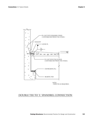 Connections 5.5 Typical Details Chapter 5
Parking Structures: Recommended Practice For Design and Construction 5-9
( CENTERED BETWEEN TEE STEMS )
( CENTERED BETWEEN TEE STEMS )
LOOSE PL
PL CAST INTO TEE FLANGE
DAP/BEARING PLs
PL CAST INTO SPANDREL PANEL
2"
BEARING PAD
SEALANT
NOTE:
- SHIM TEE AS REQUIRED.
DOUBLE TEE TO 'L' SPANDREL CONNECTION
 