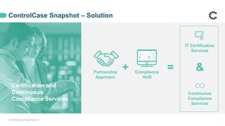 ControlCase Snapshot – Solution
© ControlCase. All Rights Reserved. 7
Certification and
Continuous
Compliance Services
Partnership
Approach
Compliance
HUB
+ =
IT Certification
Services
Continuous
Compliance
Services
&
 
