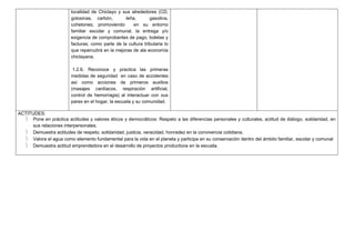 localidad de Chiclayo y sus alrededores (CD,
golosinas, carbón, leña, gasolina,
cohetones; promoviendo en su entorno
familiar escolar y comunal, la entrega y/o
exigencia de comprobantes de pago, boletas y
facturas; como parte de la cultura tributaria lo
que repercutirá en la mejoras de ala economía
chiclayana.
1.2.6. Reconoce y practica las primeras
medidas de seguridad en caso de accidentes
así como acciones de primeros auxilios
(masajes cardíacos, respiración artificial,
control de hemorragia) al interactuar con sus
pares en el hogar, la escuela y su comunidad.
ACTITUDES:
 Pone en práctica actitudes y valores éticos y democráticos: Respeto a las diferencias personales y culturales, actitud de diálogo, solidaridad, en
sus relaciones interpersonales.
 Demuestra actitudes de respeto, solidaridad, justicia, veracidad, honradez en la convivencia cotidiana.
 Valora el agua como elemento fundamental para la vida en el planeta y participa en su conservación dentro del ámbito familiar, escolar y comunal
 Demuestra actitud emprendedora en el desarrollo de proyectos productivos en la escuela.
 