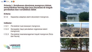 Prinsip 1. Ketahanan ekosistem mangrove dalam
menyediakan barang dan jasa (layanan) di tengah
perubahan dan variabilitas iklim
Kriteria:
C.1.2 Kapasitas adaptasi alami ekosistem mangrove.
Indikator:
I.1.2.1 Perubahan luas kawasan mangrove.
I.1.2.2 Kecepatan (laju) perubahan regenerasi alami
mangrove ).
I.1.2.3 Perubahan keanekaragaman hayati mangrove (flora
dan fauna).
 