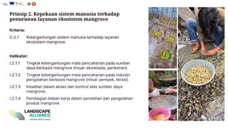 Prinsip 2. Kepekaan sistem manusia terhadap
penurunan layanan ekosistem mangrove
Kriteria:
C.2.1 Ketergantungan sistem manusia terhadap layanan
ekosistem mangrove.
Indikator:
I.2.1.1 Tingkat ketergantungan mata pencaharian pada sumber
daya berbasis mangrove (misal: ekowisata, perikanan).
I.2.1.2 Tingkat ketergantungan mata pencaharian pada industri
pengolahan berbasis mangrove (misal: pempek, terasi ).
I.2.1.3 Keadilan dalam akses dan kontrol atas sumber daya
mangrove.
I.2.1.4 Pembagian beban kerja dalam perolehan dan pengolahan
produk mangrove.
 