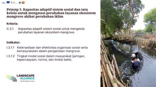 Prinsip 3. Kapasitas adaptif sistem sosial dan tata
kelola untuk mengatasi perubahan layanan ekosistem
mangrove akibat perubahan iklim
Kriteria:
C.3.1 Kapasitas adaptif sistem sosial untuk mengelola
perubahan layanan ekosistem mangrove.
Indikator:
I.3.1.1 Ketersediaan dan efektivitas organisasi sosial serta
kemasyrakatan dalam pengelolaan mangrove.
I.3.1.2 Tingkat modal sosial dalam masyarakat (jaringan ,
kepercaayaan , norma, dan timbal balik ).
 