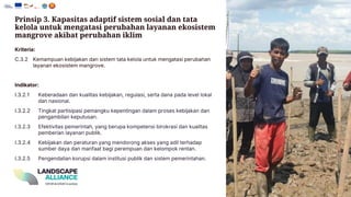 Prinsip 3. Kapasitas adaptif sistem sosial dan tata
kelola untuk mengatasi perubahan layanan ekosistem
mangrove akibat perubahan iklim
Kriteria:
C.3.2 Kemampuan kebijakan dan sistem tata kelola untuk mengatasi perubahan
layanan ekosistem mangrove.
Indikator:
I.3.2.1 Keberadaan dan kualitas kebijakan , regulasi , serta dana pada level lokal
dan nasional .
I.3.2.2 Tingkat partisipasi pemangku kepentingan dalam proses kebijakan dan
pengambilan keputusan .
I.3.2.3 Efektivitas pemerintah , yang berupa kompetensi birokrasi dan kualitas
pemberian layanan publik .
I.3.2.4 Kebijakan dan peraturan yang mendorong akses yang adil terhadap
sumber daya dan manfaat bagi perempuan dan kelompok rentan .
I.3.2.5 Pengendalian korupsi dalam institusi publik dan sistem pemerintahan .
 