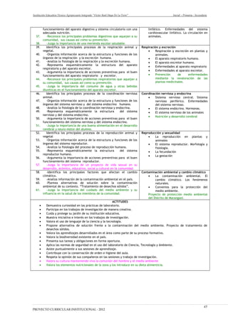 Institución Educativa Técnico Agropecuario Integrado “Víctor Raúl Haya De La Torre” Inicial – Primaria - Secundaria
funcionamiento del aparato digestivo y sistema circulatorio con una
adecuada nutrición.
37. -Reconoce los principales problemas digestivos que aquejan a su
comunidad, sus causas así como su prevención.
38. -Juzga la importancia de una merienda escolar saludable.
linfático. Enfermedades del sistema
cardiovascular linfático. La circulación en
animales.
39. Identifica los principales procesos de la respiración animal y
vegetal.
40. -Organiza información acerca de la estructura y funciones de los
órganos de la respiración y la excreción humana.
41. -Analiza la fisiología de la respiración y la excreción humana.
42. -Representa esquemáticamente la estructura del aparato
respiratorio y del aparato excretor.
43. -Argumenta la importancia de acciones preventivas para el buen
funcionamiento del aparato respiratorio y excretor.
44. -Reconoce los principales problemas respiratorios que aquejan a
su comunidad, sus causas así como su prevención.
45. -Juzga la importancia del consumo de agua y otras bebidas
diuréticas en el funcionamiento del aparato excretor.
Respiración y excreción
• Respiración y excreción en plantas y
animales.
• El aparato respiratorio humano.
• El aparato excretor humano.
• Enfermedades al aparato respiratorio
• Enfermedades al aparato excretor.
• Prevención de enfermedades
mediante la revaloración de las
plantas medicinales.
46. Identifica los principales procesos de la coordinación nerviosa
animal.
47. -Organiza información acerca de la estructura y funciones de los
órganos del sistema nervioso y del sistema endocrino humano.
48. -Analiza la fisiología de la coordinación nerviosa y endocrina.
49. -Representa esquemáticamente la estructura del sistema
nervioso y del sistema endocrino.
50. -Argumenta la importancia de acciones preventivas para el buen
funcionamiento del sistema nervioso y del sistema endocrino.
51. -Juzga la importancia de una buena alimentación en el desarrollo
cerebral y neuro-motor del alumno.
Coordinación nerviosa y endocrina
• Sistema nervioso central. Sistema
nervioso periférico. Enfermedades
del sistema nervioso.
• El sistema endócrino. Hormonas.
• El sistema nervioso de los animales
• Nutrición y desarrollo cerebral
52. Identifica los principales procesos de la reproducción animal y
vegetal
53. -Organiza información acerca de la estructura y funciones de los
órganos del sistema reproductor.
54. -Analiza la fisiología del proceso de reproducción humana.
55. -Representa esquemáticamente la estructura del sistema
reproductor humano.
56. -Argumenta la importancia de acciones preventivas para el buen
funcionamiento del sistema reproductor.
57. -Juzga la importancia de un proyecto de vida sexual en su
desarrollo, ecómico, educativo, social y cultural en la comunidad.
Reproducción y sexualidad
• La reproducción en plantas y
animales
• El sistema reproductor. Morfología y
fisiología.
• La fecundación
• La gestación
58. -Identifica los principales factores que afectan el cambio
climático.
59. -Analiza información de la contaminación ambiental en el país.
60. -Plantea alternativas de solución sobre la contaminación
ambiental de su contexto. “Tratamiento de desechos sólidos”.
61. -Juzga la importancia del cuidado del medio ambiente y su
influencia en la salud de los miembros de la comunidad.
Contaminación ambiental y cambio climático
• La contaminación ambiental. El
cambio climático. Los fenómenos
naturales.
• Convenios para la protección del
medio ambiente.
Proyecto de protección medio ambiental
del Distrito de Marangani.
ACTITUDES
• Demuestra curiosidad en las prácticas de laboratorio.
• Participa en los trabajos de investigación de manera creativa.
• Cuida y protege su jardín de su institución educativa.
• Muestra iniciativa e interés en los trabajos de investigación.
• Valora el uso de lenguaje de la ciencia y la tecnología.
• Propone alternativa de solución frente a la contaminación del medio ambiente. Proyecto de tratamiento de
desechos sólidos.
• Valora los aprendizajes desarrollados en el área como parte de su proceso formativo.
• Valora la biodiversidad existente en el país.
• Presenta sus tareas y obligaciones en forma oportuna.
• Aplica las normas de seguridad en el uso del laboratorio de Ciencia, Tecnología y Ambiente.
• Asiste puntualmente a sus sesiones de aprendizaje.
• Contribuye con la conservación de orden e higiene del aula.
• Respeta la opinión de sus compañeros en las sesiones y trabajo de investigación.
• Valora su cultura manteniendo viva la comunión del hombre y el medio ambiente
• Valora los elementos nutricionales de la zona y los introduce en su dieta alimenticia.
PROYECTO CURRICULAR INSTITUCIONAL - 2012
45
 