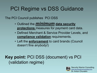 PCI Regime vs DSS Guidance<br />The PCI Council publishes  PCI DSS <br />Outlined the minimumdata security protections mea...