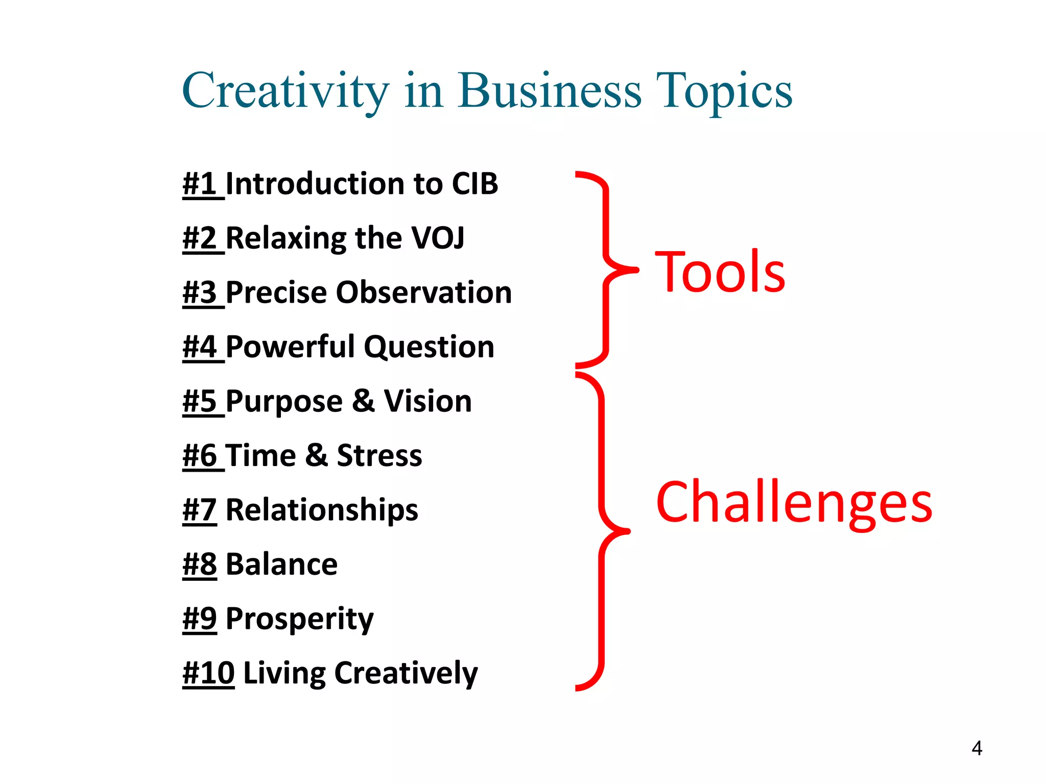 Creativity in Business Topics
#1 Introduction to CIB
#2 Relaxing the VOJ
#3 Precise Observation   Tools
#4 Powerful Question
#5 Purpose & Vision
#6 Time & Stress
#7 Relationships         Challenges
#8 Balance
#9 Prosperity
#10 Living Creatively

                                      4
 