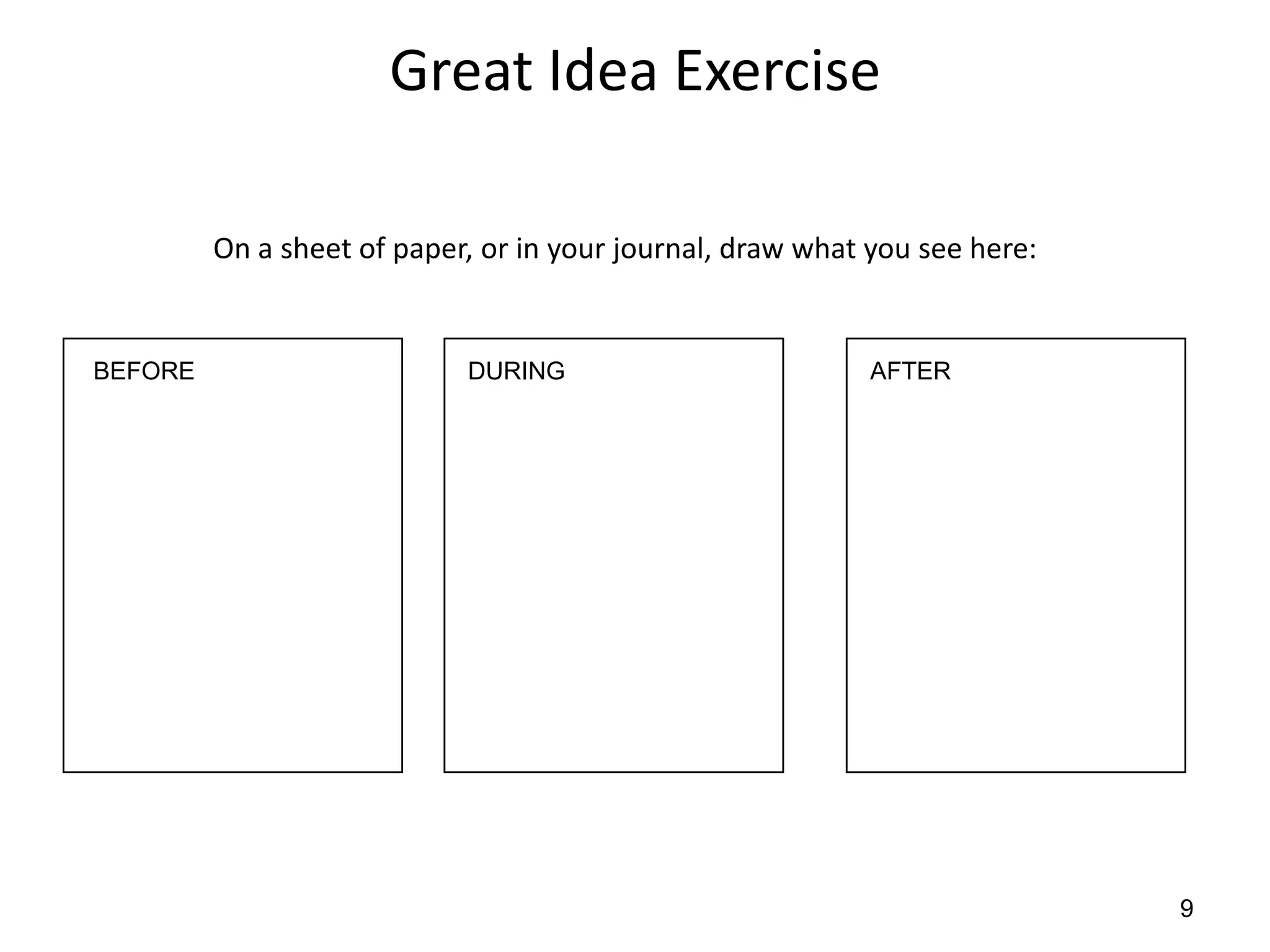 Great Idea Exercise

         On a sheet of paper, or in your journal, draw what you see here:


BEFORE                      DURING                          AFTER




                                                                            9
 