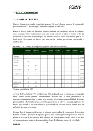 7 – RESULTADOS OBTIDOS


7.1. M ATRI Z DE CRITÉRIOS

Com os fatores mencionados no capítulo anterior, foi possível gerar a matriz de comparação
pareada (Quadro 7.1.1), usada para o cálculo dos pesos de cada fator.

Como os fatores estão em diferentes unidades (metros; tm.mm/ha.ano; escala de valores),
essas unidades foram padronizados para uma escala comum a todos os planos, a fim de
normalizar os intervalos de medida para um intervalo único na escala de 0 (menos apto) a 255
(mais apto). Reescalonar os fatores para uma escala contínua permite-nos compará- los e
combiná- los.

QUADRO 7.1.1. Matriz de comparação pareada entre fatores (critérios)
                   NASCENTES/    COB ERTURA                 NÚCLEOS    SUSCEPTI-       CLASSE S   UNIDADES
                                              ESTRADAS                             R                           PESOS
                   CAB ECEIRAS   FLORESTAL                  URB ANOS   B ILIDADE       RELEVO     AQ ÜÍFERAS



Nascentes/
cabeceiras             1                                                                                       0,2284
Cobertura
florestal             1/3            1                                                                         0,1440


Estradas              1/6           1/4          1                                                             0,0281

Núcleos Urbanos       1/3           1/3          2             1                                               0,0448

Susceptibilidade       1             2           5             3          1                                    0,1608


R                     1/2            1           5             3          1        1                           0,1299

Classes relevo        1/2           1/2          5             5          1        1      1                    0,1320
Unidades
aqüíferas             1/2           1/2          5             5          1        1      1           1        0,1320

Taxa de consistência: 0,04

A Taxa de Consistência (TC) obtida foi de 0,04, indicando que os valores de comparação
entre fatores foram gerados aleatoriamente. Nota-se que o fator proximidade às
nascentes/cabeceiras recebeu o maior peso, seguido pelos fatores susceptibilidade à erosão,
proximidade a cobertura florestas, geomorfologia (classes de relevo) e unidades aqüíferas. Os
fatores proximidade a núcleos urbanos e proximidade às estradas tiverem menor peso na
definição das áreas prioritárias.

O mapa final de áreas prioritárias para as ações de recuperação e de conservação da cobertura
florestal visando à produção de água foi gerado pela combinação linear ponderada entre os
planos de informação no ambiente SIG, relativos aos fatores pertencentes à matriz. Com base
no histograma desse mapa, as áreas prioritárias foram divididas em classes de prioridade.
                                                     7 .1
C TR --231//03
C TR 23 1 03
 