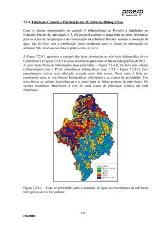 7.2.4. Tabulação Cruzada e Priorização das Microbacias Hidrográficas

Com os fatores mencionados no capitulo 5 (Metodologia do Projeto) e detalhados no
Relatório Parcial de Atividades n 3, foi possível elaborar o mapa final de áreas prioritárias
                                  º
para as ações de recuperação e de conservação da cobertura florestal visando à produção de
água. Isto foi feito com a combinação linear ponderada entre os planos de informação no
ambiente SIG, relativos aos fatores pertencentes à matriz.

A Figura 7.2.4.1 apresenta o exemplo das áreas priorizadas na sub-bacia hidrográfica do rio
Corumbataí e a Figura 7.2.4.2 as áreas prioritárias para todas as bacias hidrográficas do PCJ.
A partir deste Plano de Informação (áreas prioritárias – Figura 7.2.4.2), foi feita uma relação
(sobreposição) com o PI de microbacias hidrográficas (cap. 7.2.3 - Figura 7.2.3.1). Este
procedimento realiza uma tabulação cruzada entre dois temas. Neste caso, é feito um
cruzamento entre as microbacias hidrográficas delimitadas e as classes de prioridades. Um
tema forma as colunas (microbacias) e o outro tema as linhas (classes de prioridade). Os
valores resultantes identificam a área de cada classe de prioridade contida em cada
microbacia.




Figura 7.2.4.1 – Grau de prioridades para a produção de água nas microbacias da sub-bacia
hidrográfica do rio Corumbataí.




                                           7 .11
C TR --231//03
C TR 23 1 03
 
