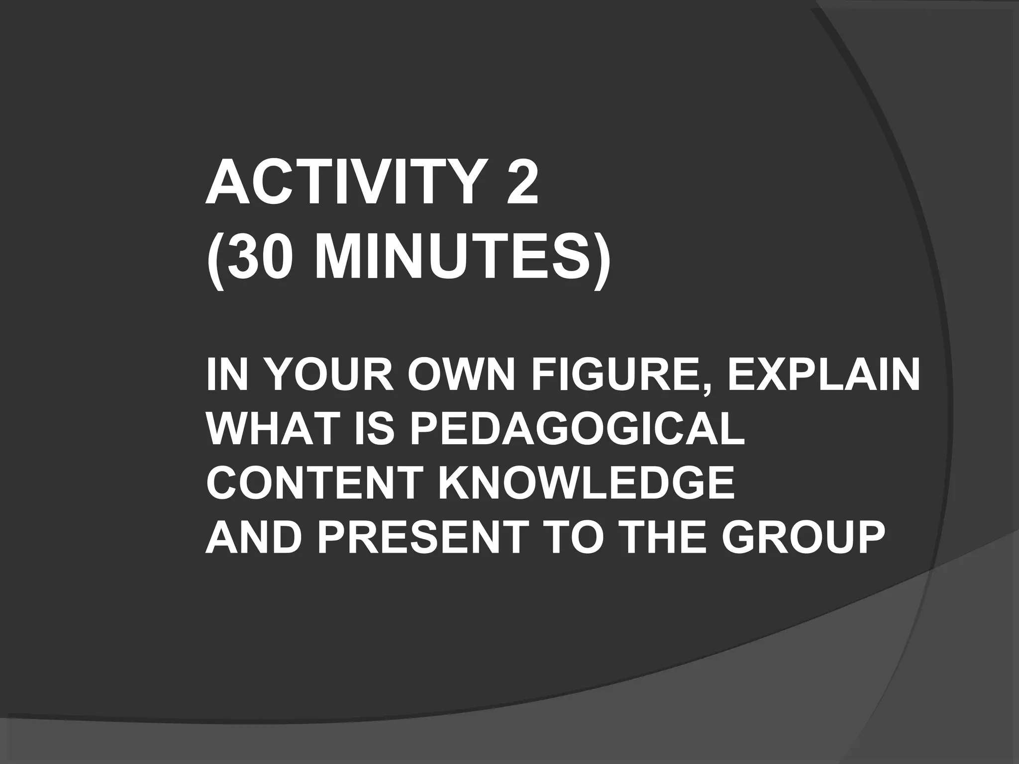 ACTIVITY 2
(30 MINUTES)
IN YOUR OWN FIGURE, EXPLAIN
WHAT IS PEDAGOGICAL
CONTENT KNOWLEDGE
AND PRESENT TO THE GROUP
 