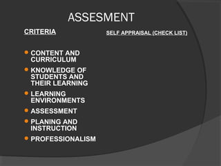 ASSESMENT
CRITERIA
CONTENT AND
CURRICULUM
KNOWLEDGE OF
STUDENTS AND
THEIR LEARNING
LEARNING
ENVIRONMENTS
ASSESSMENT
PLANING AND
INSTRUCTION
PROFESSIONALISM
SELF APPRAISAL (CHECK LIST)
 