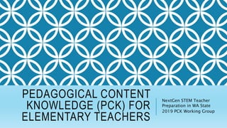 PEDAGOGICAL CONTENT
KNOWLEDGE (PCK) FOR
ELEMENTARY TEACHERS
NextGen STEM Teacher
Preparation in WA State
2019 PCK Working Group
 