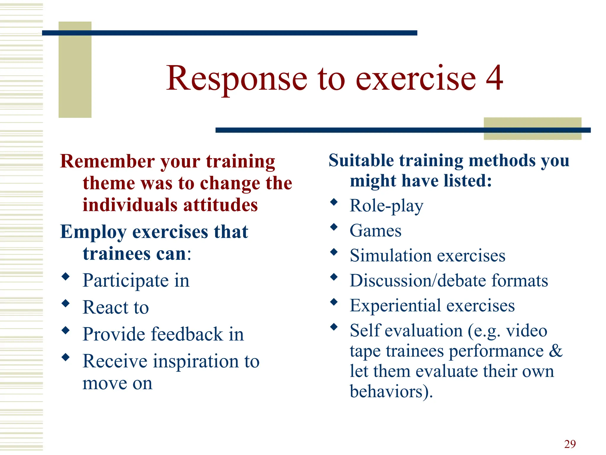 29
Response to exercise 4
Remember your training
theme was to change the
individuals attitudes
Employ exercises that
trainees can:
 Participate in
 React to
 Provide feedback in
 Receive inspiration to
move on
Suitable training methods you
might have listed:
 Role-play
 Games
 Simulation exercises
 Discussion/debate formats
 Experiential exercises
 Self evaluation (e.g. video
tape trainees performance &
let them evaluate their own
behaviors).
 