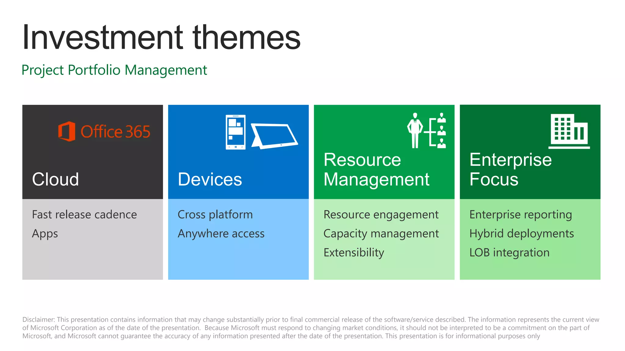 Project Portfolio Management

Fast release cadence

Cross platform

Resource engagement

Enterprise reporting

Apps

Anywhere access

Capacity management

Hybrid deployments

Extensibility

LOB integration

Disclaimer: This presentation contains information that may change substantially prior to final commercial release of the software/service described. The information represents the current view
of Microsoft Corporation as of the date of the presentation. Because Microsoft must respond to changing market conditions, it should not be interpreted to be a commitment on the part of
Microsoft, and Microsoft cannot guarantee the accuracy of any information presented after the date of the presentation. This presentation is for informational purposes only

 