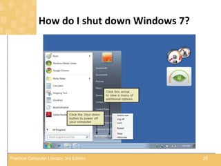 How do I shut down Windows 7?
28Practical Computer Literacy, 3rd Edition
 