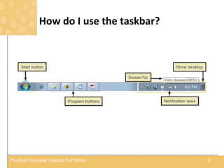 How do I use the taskbar?
9Practical Computer Literacy, 3rd Edition
 