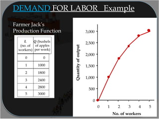 0
500
1,000
1,500
2,000
2,500
3,000
0 1 2 3 4 5
No. of workers
Quantityofoutput
Farmer Jack’s
Production Function
30005
28004
24003
18002
10001
00
Q (bushels
of apples
per week)
L
(no. of
workers)
DEMAND FOR LABOR Example
 
