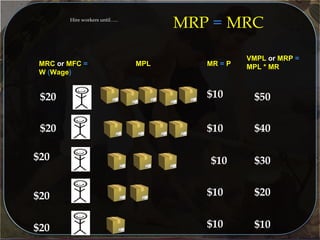 $10
$10 $50
$20
$20
$20
$20
$10
$10
$20
$10
$40
$30
$20
$10
MRC or MFC =
W (Wage)
MPL
VMPL or MRP =
MPL * MRMR = P
MRP = MRCHire workers until…..
 