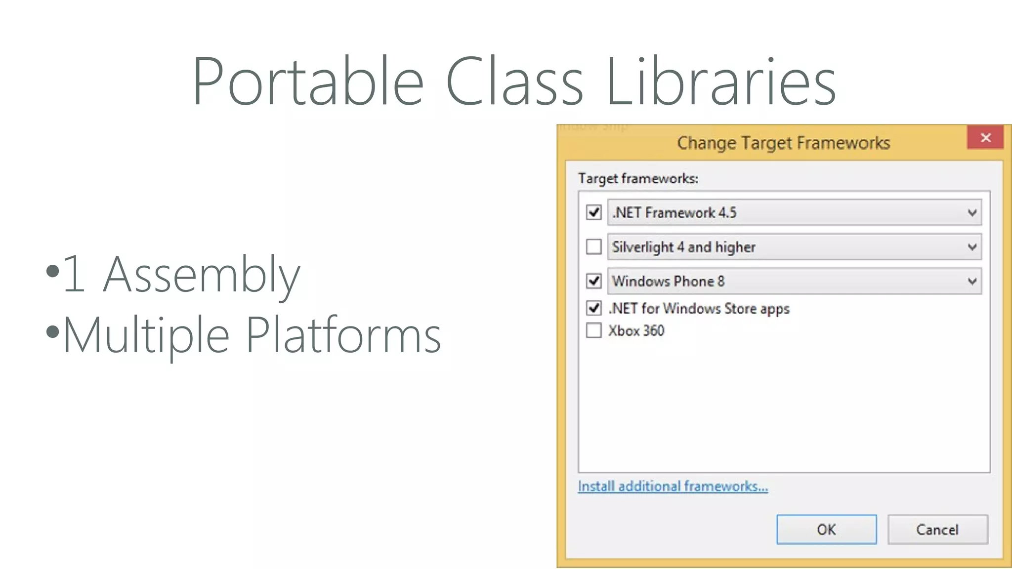 Portable Class Libraries
•1 Assembly
•Multiple Platforms

 