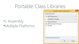 Portable Class Libraries
•1 Assembly
•Multiple Platforms

 