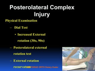 POSTGRAD ORTH Deiary Kader
Posterolateral Complex
Injury
Physical Examination
– Dial Test
• Increased External
rotation (30o, 90o)
– Posterolateral external
rotation test
– External rotation
recurvatum
34
 