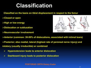 POSTGRAD ORTH Deiary Kader
Classification
Classified on the basis on tibial displacement in respect to the femur
Closed or open
High or low energy
Dislocation or subluxation
Neurovascular involvement
Anterior (common: 30-50% of dislocations, associated with intimal tears)
Posterior; also medial, lateral (highest rate of peroneal nerve injury) and
rotatory (usually irreducible) or combined
 Hyperextension leads to anterior dislocation
 Dashboard injury leads to posterior dislocation
41
 