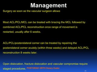 POSTGRAD ORTH Deiary Kader
Management
Surgery as soon as the vascular surgeon allows
Most ACL/PCL/MCL can be treated with bracing the MCL followed by
combined ACL/PCL reconstruction once range of movement is
restarted, usually after 6 weeks.
ACL/PCL/posterolateral corner can be treated by repairing the
posterolateral corner acutely (within three weeks) and delayed ACL/PCL
reconstruction 8 weeks later.
Open dislocation, fracture dislocation and vascular compromise require
staged procedures.
45
 