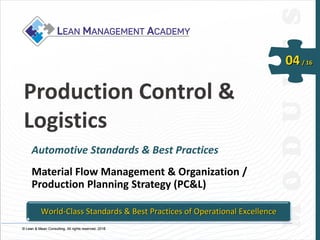 © Lean & Mean Consulting. All rights reserved. 2015© Lean & Mean Consulting. All rights reserved. 2016
04/ 16
Production Control &
Logistics
Automotive Standards & Best Practices
Material Flow Management & Organization /
Production Planning Strategy (PC&L)
World-Class Standards & Best Practices of Operational Excellence
 