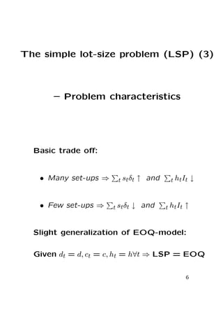 The simple lot-size problem (LSP) (3)

– Problem characteristics

Basic trade oﬀ:

• Many set-ups ⇒

• Few set-ups ⇒

t st δt

t st δt

↑ and

↓ and

t ht It

t ht It

↓

↑

Slight generalization of EOQ-model:
Given dt = d, ct = c, ht = h∀t ⇒ LSP = EOQ
6

 