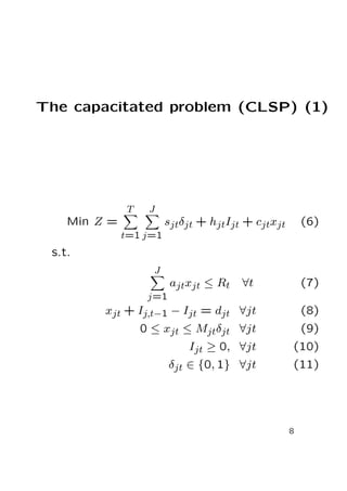 The capacitated problem (CLSP) (1)

T

J

Min Z =

sjtδjt + hjtIjt + cjtxjt

(6)

t=1 j=1

s.t.
J

ajtxjt ≤ Rt

∀t

(7)

xjt + Ij,t−1 − Ijt = djt ∀jt
0 ≤ xjt ≤ Mjtδjt ∀jt

(8)

Ijt ≥ 0, ∀jt

(10)

δjt ∈ {0, 1} ∀jt

(11)

j=1

(9)

8

 