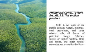 PHILIPPINE CONSTITUTION,
Art. XII, S 2. This section
provides:
SEC. 2. All lands of the
public domain, waters, minerals,
coal, petroleum, and other
mineral oils, all forces of
potential energy, fisheries,
forests or timber, wildlife, flora
and fauna, and other natural
resources are owned by the State.
 