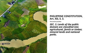 PHILIPPINE CONSTITUTION,
Art. XII, S. 3.
This section provides:
SEC. 3. Lands of the public
domain are classified into
agricultural, forest or timber,
mineral lands and national
parks.
 
