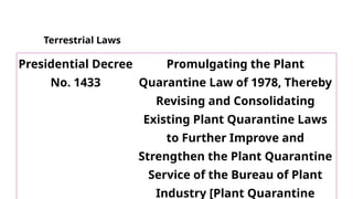 Terrestrial Laws
Presidential Decree
No. 1433
Promulgating the Plant
Quarantine Law of 1978, Thereby
Revising and Consolidating
Existing Plant Quarantine Laws
to Further Improve and
Strengthen the Plant Quarantine
Service of the Bureau of Plant
Industry [Plant Quarantine
 