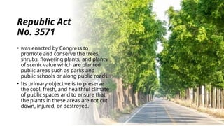 Republic Act
No. 3571
• was enacted by Congress to
promote and conserve the trees,
shrubs, flowering plants, and plants
of scenic value which are planted
public areas such as parks and
public schools or along public roads.
• Its primary objective is to preserve
the cool, fresh, and healthful climate
of public spaces and to ensure that
the plants in these areas are not cut
down, injured, or destroyed.
 