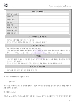 Positive Communication Lab Program
- 20 -
프로젝트 실행계획서
전략적 설계요소명
프로젝트 제목
프로젝트 목적
기대 성과
필요한 자원
책임자 및 팀 구성
시작일자/완료일자
실행을 위한 단계
3. 프로젝트 단계 세분화
- 프로젝트 실행 단계를 기간에 따라 세분화 한다.
- 단기적, 중기적, 장기적으로 구분하고, 세부 기간은 Client와 협의한다.
4. 프로젝트 팀 구성
- 모든 구성원이 참여할 수 있도록 하는 것을 원칙으로 삼는다.
- Client 조직의 상황을 고려하여 자원형식으로 팀을 구성하고, 임원진의 회의를 통해 TF팀을 구성할 수 있도록
한다.
5. 타임캡슐
- 비전, 꿈이 실현될 수 있는 기한을 정한 후, 조직의 꿈, 비전 등을 담은 자료를 타임캡슐에 보관하고 정해진
시기에 개봉하여 확인한다.
- 단기적, 중기적, 장기적 프로젝트를 구분하여 각각의 기간별로 타임캡슐을 따로 제작하도록 한다.
6. 프로젝트 성공 지원
- 프로젝트를 위한 조직의 공식적인 지원을 체계화한다.
※ FRM Workshop의 전체적 목적
1) Material
Material은 FRM Workshop의 첫 번째 단계로서, 긍정적 토픽에 관한 인터뷰를 실시하고, 인터뷰 결과를 취합해 정
보를 공유하는 단계이다.
① 그룹핑(Grouping)
PCL Program의 FRM Workshop을 진행하기에 앞서 Program 참가자들을 그룹화하며, '가능할 법 하지 않은 참여'
 