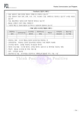 Positive Communication Lab Program
- 36 -
- Feedback 질문지 (예시) -
- 꿈을 실현하기 위해 관련된 변화의 주제를 잘 선정하고 있는가?
- 꿈을 실현하기 위한 전략, 문화, 조직, 구조, 프로세스 등을 구체적으로 정의하고 있는가? 누락된 부분은
없는가?
- 목표, 활동계획은 일관성 있게 적절하게 정의되고 있는가?
- 활동을 수행하기 위한 주체는 명확한가?
- ‘도발적 제안’은 목표와 활동과 유기적이고 일관되게 연결되어 있는가?
- FRM 실행 모니터링 템플릿 (예시) -
희망하는
결과
성과측정지표
모니터링
데이터
데이터수집
방법
책임자
시작일자,
완료일자
필요기술
및 역량
- 희망하는 결과 : 우리의 행동을 통하여 달성되기를 희망하는 것
- 성과측정지표 : 희망하는 결과의 달성여부를 측정하는 지표 (계량적 지표화)
- 모니터링 데이터 : 성과를 측정하는 데 필요한 데이터
- 데이터 수집 방법 : 시스템 데이터, 수작업 데이터, 설문조사 등 데이터를 수집하는 방법
- 책임자 : 활동을 모니터링 할 주체, 지원그룹
- 일자 : 시작일과 종료일
- 필요역량 및 기술 : 모니터링을 성공적으로 수행하는데 필요한 지식, 기술, 스킬
 
