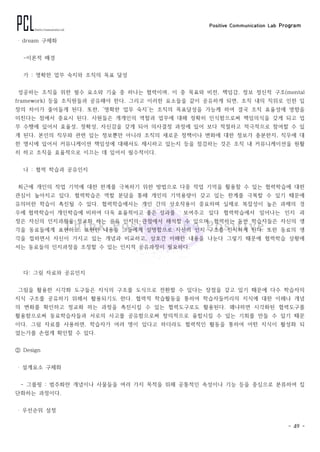 Positive Communication Lab Program
- 49 -
‧ dream 구체화
-이론적 배경
가 : 명확한 업무 숙지와 조직의 목표 달성
성공하는 조직을 위한 필수 요소와 기술 중 하나는 협력이며, 이 중 목표와 비전, 책임감, 정보 정신적 구조(mental
framework) 등을 조직원들과 공유해야 한다. 그리고 이러한 요소들을 같이 공유하게 되면, 조직 내의 직위로 인한 입
장의 차이가 줄어들게 된다. 또한, ‘명확한 업무 숙지’는 조직의 목표달성을 가능케 하여 결국 조직 효율성에 영향을
미친다는 점에서 중요시 된다. 사원들은 개개인의 역할과 업무에 대해 정확히 인식함으로써 책임의식을 갖게 되고 업
무 수행에 있어서 효율성, 정확성, 자신감을 갖게 되어 의사결정 과정에 있어 보다 적절하고 적극적으로 참여할 수 있
게 된다. 본인의 직무와 관련 있는 정보뿐만 아니라 조직의 새로운 정책이나 변화에 대한 정보가 충분한지, 직무에 대
한 명시에 있어서 커뮤니케이션 책임성에 대해서도 제시하고 있는지 등을 점검하는 것은 조직 내 커뮤니케이션을 원활
히 하고 조직을 효율적으로 이끄는 데 있어서 필수적이다.
나 : 협력 학습과 공유인지
최근에 개인의 작업 기억에 대한 한계를 극복하기 위한 방법으로 다중 작업 기억을 활용할 수 있는 협력학습에 대한
관심이 높아지고 있다. 협력학습은 역할 분담을 통해 개인의 기억용량이 갖고 있는 한계를 극복할 수 있기 때문에
유의미한 학습이 촉진될 수 있다. 협력학습에서는 개인 간의 상호작용이 중요하며 실제로 복잡성이 높은 과제의 경
우에 협력학습이 개인학습에 비하여 더욱 효율적이고 좋은 성과를 보여주고 있다 협력학습에서 일어나는 인지 과
정은 자신의 인지과정을 정교화 하는 공유 인지의 관점에서 해석할 수 있으며, 협력하는 동안 학습자들은 자신의 생
각을 동료들에게 표현하고, 표현한 내용을 그들에게 설명함으로 자신의 인지 구조를 인식하게 된다. 또한 동료의 생
각을 접하면서 자신이 가지고 있는 개념과 비교하고, 상호간 이해한 내용을 나눈다 그렇기 때문에 협력학습 상황에
서는 동료들의 인지과정을 조정할 수 있는 인지적 공유과정이 필요하다.
다: 그림 자료와 공유인지
그림을 활용한 시각화 도구들은 지식의 구조를 도식으로 전환할 수 있다는 장점을 갖고 있기 때문에 다수 학습자의
지식 구조를 공유하기 위해서 활용되기도 한다. 협력적 학습활동을 통하여 학습자들끼리의 지식에 대한 이해나 개념
의 변화를 확인하고 정교화 하는 과정을 촉진시킬 수 있는 협력도구로도 활용된다. 왜냐하면 시각화된 협력도구를
활용함으로써 동료학습자들과 서로의 사고를 공유함으로써 창의적으로 융합시킬 수 있는 기회를 만들 수 있기 때문
이다. 그림 자료를 사용하면, 학습자가 여려 명이 있다고 하더라도 협력적인 활동을 통하여 어떤 지식이 활성화 되
었는가를 손쉽게 확인할 수 있다.
② Design
‧ 설계요소 구체화
- 그룹핑 : 범주화란 개념이나 사물들을 여러 가지 목적을 위해 공통적인 속성이나 기능 등을 중심으로 분류하여 집
단화하는 과정이다.
‧ 우선순위 설정
 