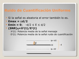 Ruido de Cuantificación Uniforme Si la señal es aleatoria el error también lo es. Emax =   d/2 Emin = 0 ;  -d/2 ≤ E ≤ d/2 (SNR) Q =X 2 (t)/E 2 (t) X 2 (t): Potencia media de la señal mensaje E 2 (t): Potencia media de la señal ruido de cuantificación q k q k - d/2 q k + d/2 d E 