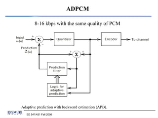 ADPCM

         8-16 kbps with the same quality of PCM




Adaptive prediction with backward estimation (APB).
   EE 541/451 Fall 2006
 