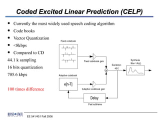 Coded Excited Linear Prediction (CELP)
   Currently the most widely used speech coding algorithm
   Code books
   Vector Quantization
   <8kbps
   Compared to CD
44.1 k sampling
16 bits quantization
705.6 kbps


100 times difference




             EE 541/451 Fall 2006
 