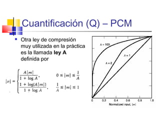 Cuantificación (Q) – PCM
 Otra ley de compresión
muy utilizada en la práctica
es la llamada ley A
definida por
 