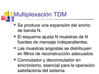 Multiplexación TDM
 Se produce una expansión del ancho
de banda N.
 El esquema ajusta N muestras de N
fuentes de mensaje independientes.
 Las muestras angostas se distribuyen
en filtros de reconstrucción adecuados
 Conmutador y deconmutador en
sincronismo, esencial para la operación
satisfactoria del sistema.
 