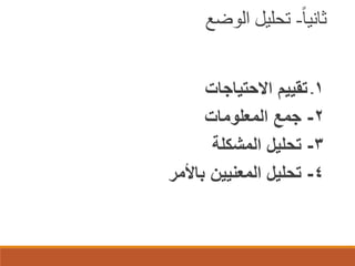 ‫ا‬‫ا‬‫ثاني‬-‫الوضع‬ ‫تحليل‬
1-‫االحتياجات‬ ‫تقييم‬
2-‫المعلومات‬ ‫جمع‬
3-‫تحليل‬‫المشكلة‬
4-‫باألمر‬ ‫المعنيين‬ ‫تحليل‬
 