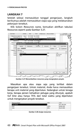 » PERENCANAAN PROYEK
LANGKAH 7
Setelah selesai memasukkan tanggal pengerjaan, langkah
berikutnya adalah memasukkan siapa saja yang melaksanakan
pekerjaan tersebut.
Klik kolom Resources name, kemudian aktifkan tabulasi
Resources seperti pada Gambar 3.27.
Gambar 3.27 Menambahkan resources yang mengerjakan proyek.
Masukkan apa atau siapa saja yang terlibat dalam
pengerjaan tersebut. Untuk material, Anda harus memasukkan
berapa unit material yang diperlukan. Sedangkan untuk tenaga
kerja, berapa persen kehadiran petugas yang ditunjuk, apakah
full time atau hanya 75% dari total waktu yang diperlukan
untuk mengerjakan proyek tersebut.
Gambar 3.28 Assign resources.
46 : Smart Project Plan with Microsoft Office Project 2007
5Bab 3 edited.pdf 18
5Bab 3 edited.pdf 18 10/23/2008 3:22:52 PM
10/23/2008 3:22:52 PM
 
