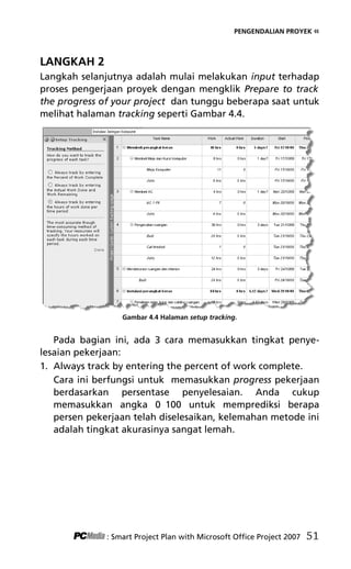 PENGENDALIAN PROYEK «
LANGKAH 2
Langkah selanjutnya adalah mulai melakukan input terhadap
proses pengerjaan proyek dengan mengklik Prepare to track
the progress of your project dan tunggu beberapa saat untuk
melihat halaman tracking seperti Gambar 4.4.
Gambar 4.4 Halaman setup tracking.
Pada bagian ini, ada 3 cara memasukkan tingkat penye-
lesaian pekerjaan:
1. Always track by entering the percent of work complete.
Cara ini berfungsi untuk memasukkan progress pekerjaan
berdasarkan persentase penyelesaian. Anda cukup
memasukkan angka 0 100 untuk memprediksi berapa
persen pekerjaan telah diselesaikan, kelemahan metode ini
adalah tingkat akurasinya sangat lemah.
: Smart Project Plan with Microsoft Office Project 2007 51
6Bab 4 edited.pdf 3
6Bab 4 edited.pdf 3 10/23/2008 3:22:45 PM
10/23/2008 3:22:45 PM
 