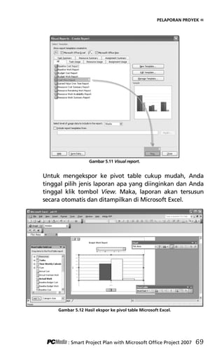 PELAPORAN PROYEK «
Gambar 5.11 Visual report.
Untuk mengekspor ke pivot table cukup mudah, Anda
tinggal pilih jenis laporan apa yang diinginkan dan Anda
tinggal klik tombol View. Maka, laporan akan tersusun
secara otomatis dan ditampilkan di Microsoft Excel.
Gambar 5.12 Hasil ekspor ke pivol table Microsoft Excel.
: Smart Project Plan with Microsoft Office Project 2007 69
7Bab 5 edited.pdf 9
7Bab 5 edited.pdf 9 10/23/2008 3:23:22 PM
10/23/2008 3:23:22 PM
 